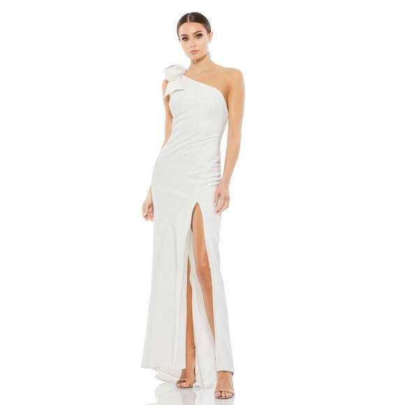 Mac Duggal Ieena FLAWED NWT White Sheath Gown One-Shoulder Bow Slit Dress 8 - Picture 2 of 11